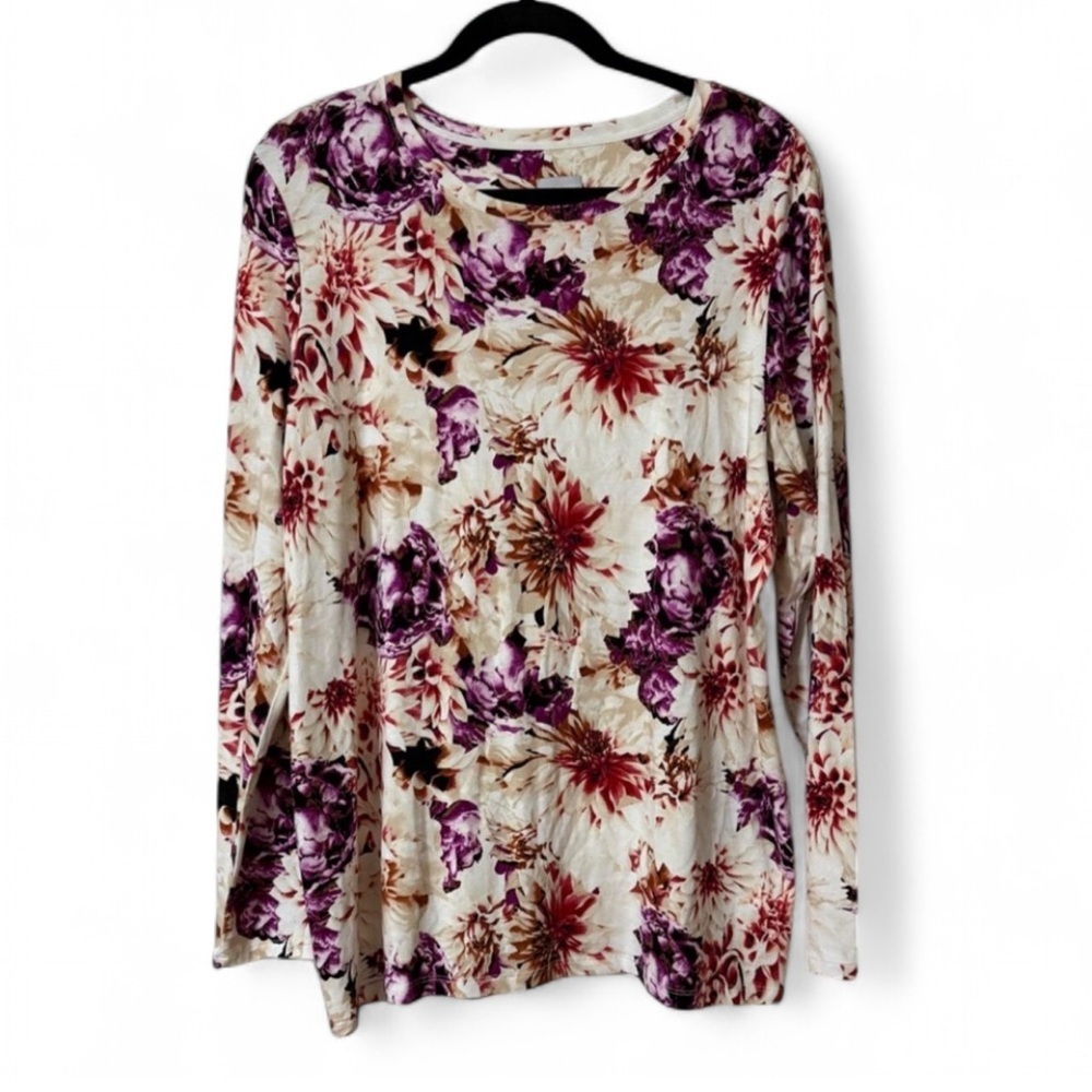 Chico's Floral Long Sleeve Crewneck Top - Plum & Burgundy - Size 3 / XL - Picture 3 of 8